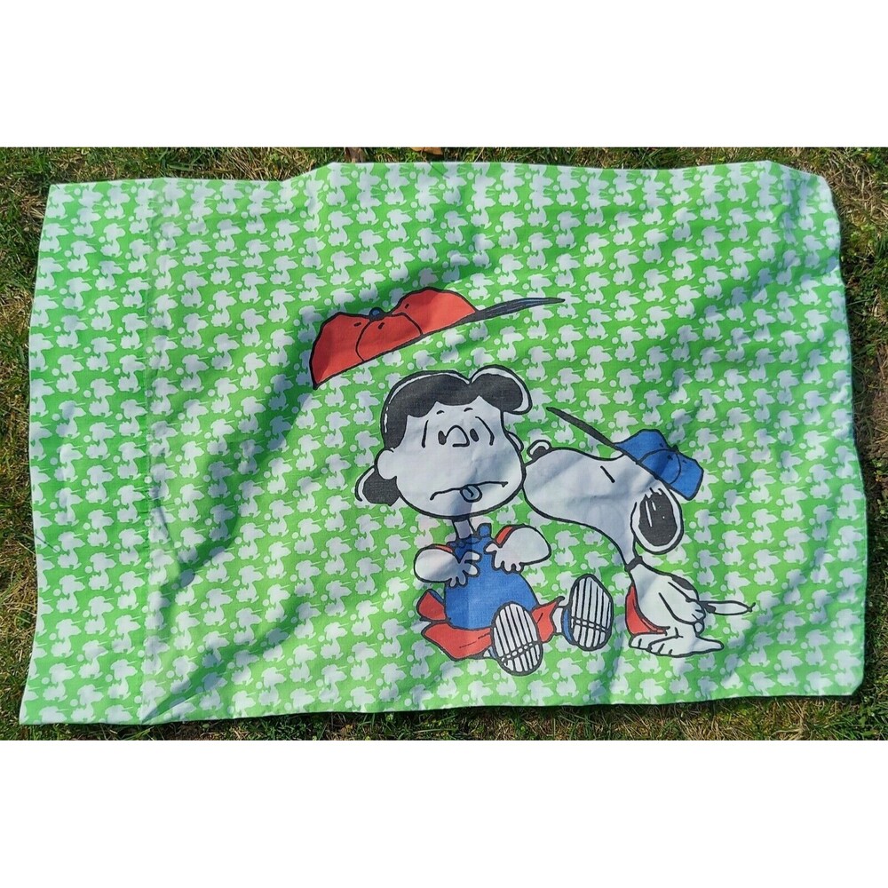 Snoopy Baseball Green White Twin Fitted Flat Pillow Sheet Set Vintage c. 1958
